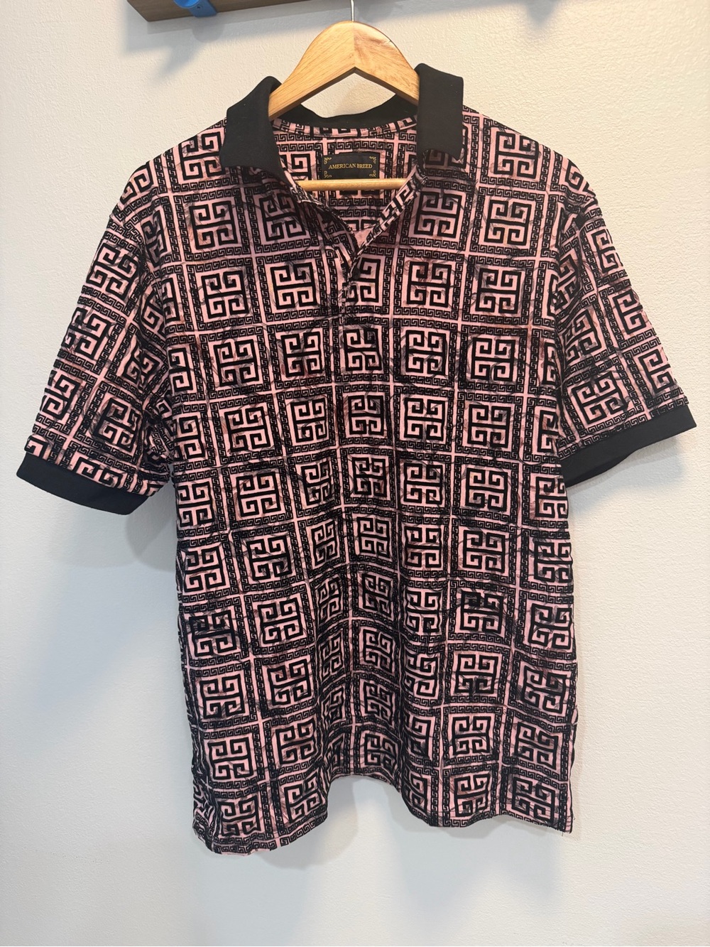 Geometric Pink & Black Polo Shirt with Black Trim